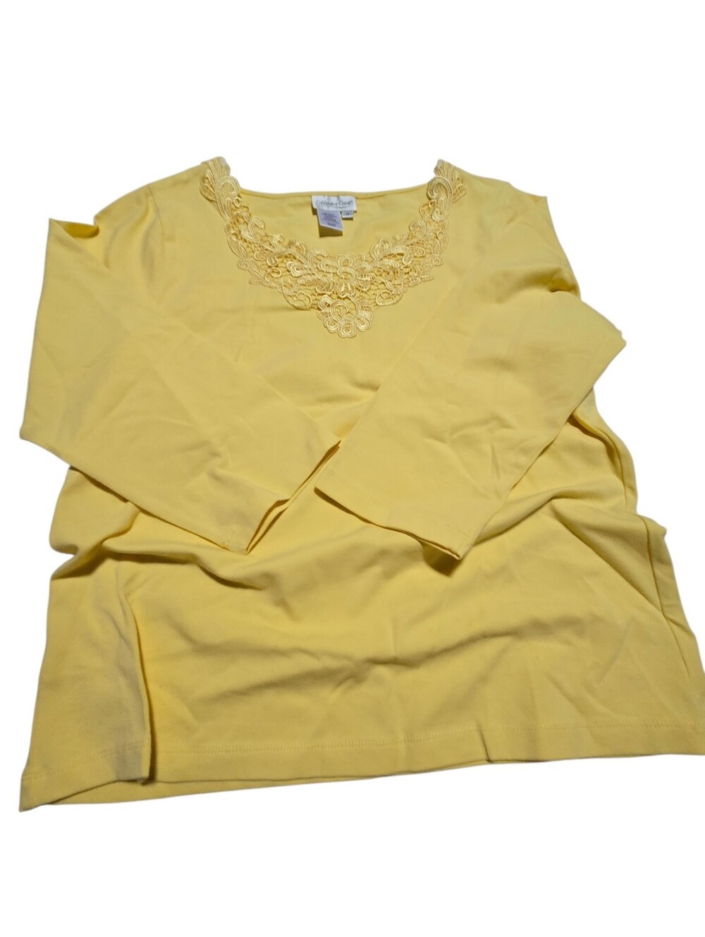 Coldwater Creek  Yellow Lace Trim Top 3/4 Sleeve Size M